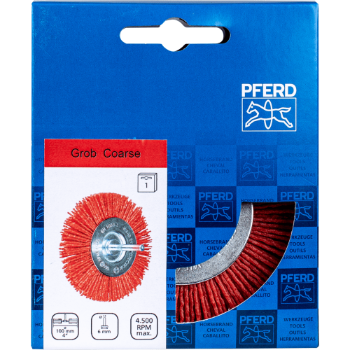 Дискова абразивна щітка PFERD RBU 100×10 мм RED P80, хвостовик 6 мм для дриля Дискова абразивна щітка PFERD RBU 100×10 мм RED P80, хвостовик 6 мм для дриля